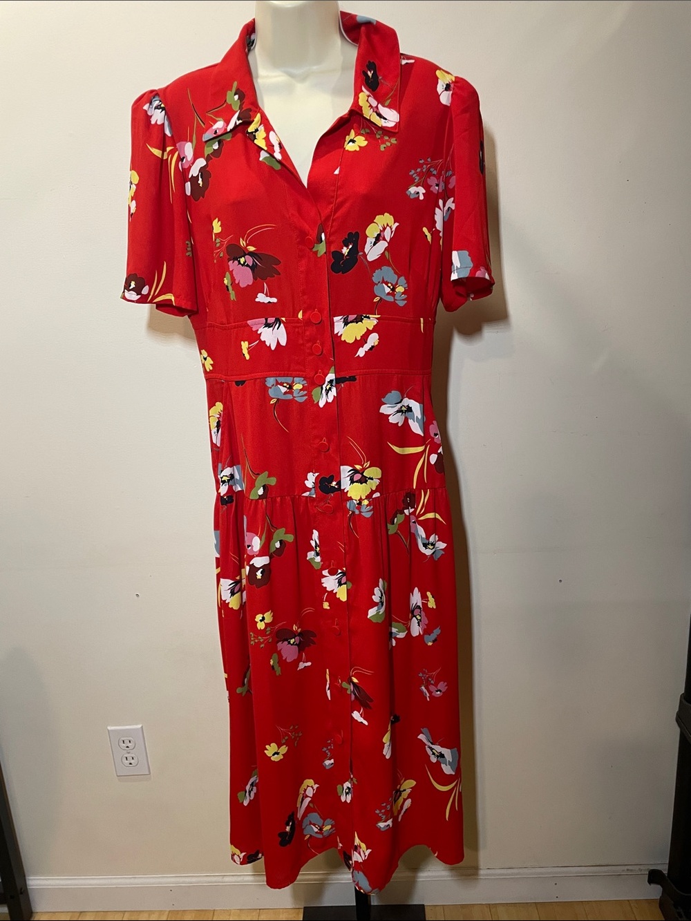 CAbi Red Floral Collared Button-Front Midi Dress